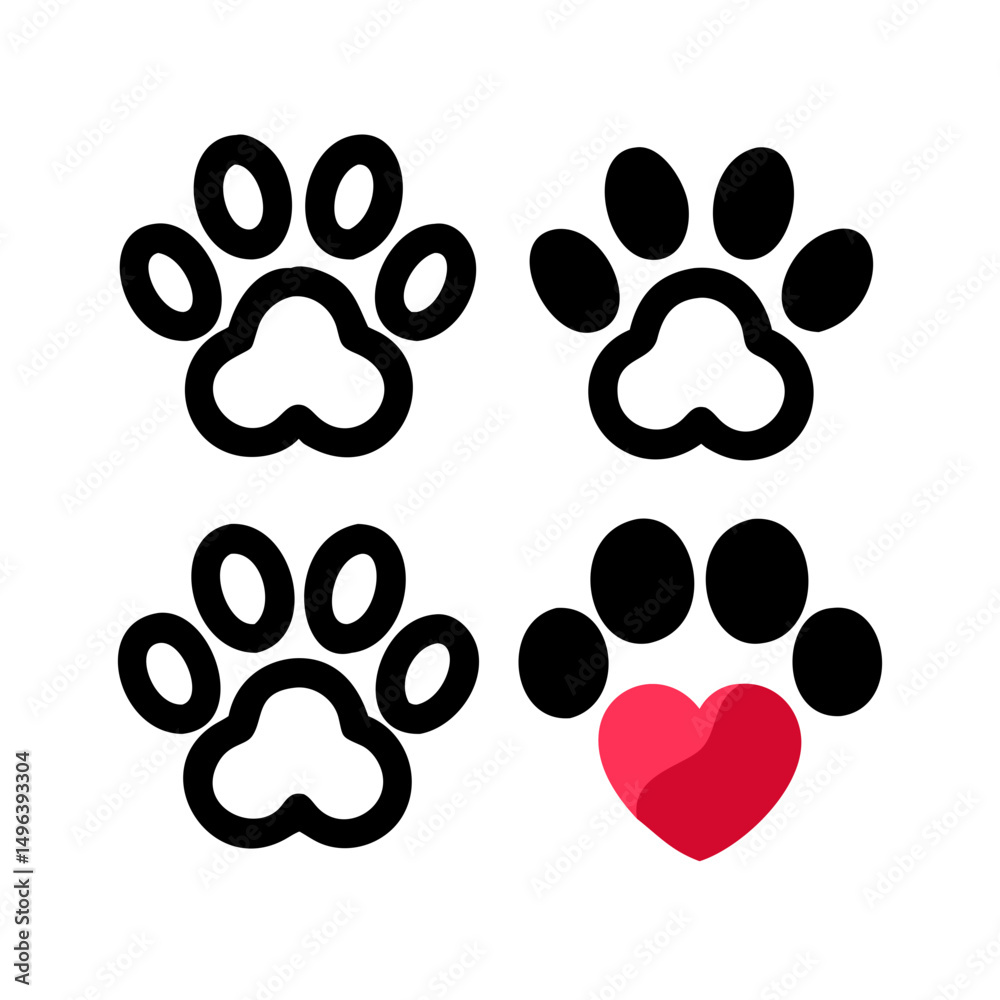 Fototapeta premium Pet paw editable stroke outline icon isolated on white background flat.Pet paw editable stroke. footprints Pet paw, Heart with pet paw print dog cat icon, vector illustration. paws prints dog. 