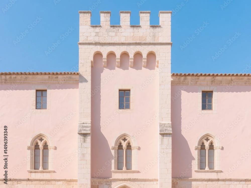 Fototapeta premium Historic Building with Crenellated Tower and Arched Windows