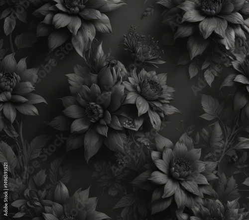 Intricate charcoal floral wallpaper, abstract botanicals , fabric, floral, printing