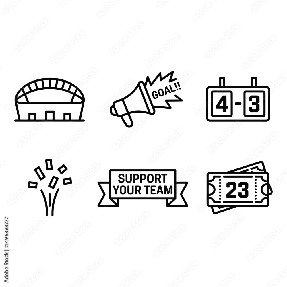 Obraz premium Sport Icons Set Stadium Megaphone Scoreboard Fireworks Support Banner Tickets