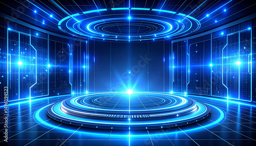 Futuristic Stage: A vibrant, futuristic stage design featuring glowing blue circles, lines, and technology elements. Perfect for presentations, technology concepts, or sci-fi themes.