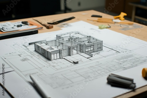 high quality image of close up of home plan with work tools