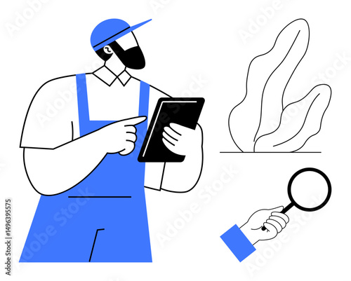 Worker holding tablet while inspecting plant with magnifying glass. Ideal for agriculture, farming, gardening, technology, analysis, environment, sustainability. Perfect for simple landing page