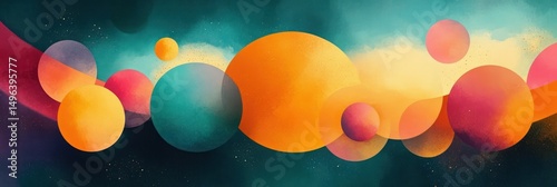 Abstract composition of overlapping colorful circles and spheres creating a vibrant cosmic atmosphere with gradients of orange, pink, teal, and blue