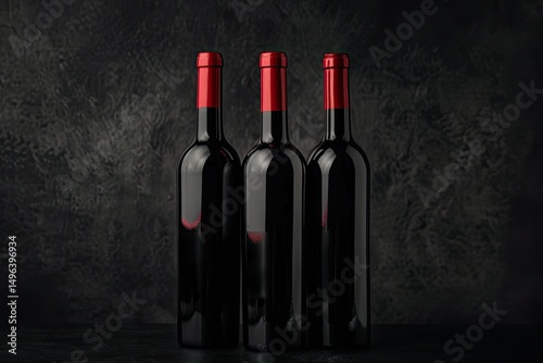 Premium Quality Image of Three Red Wine Bottles Dark Glass No Label Black Background