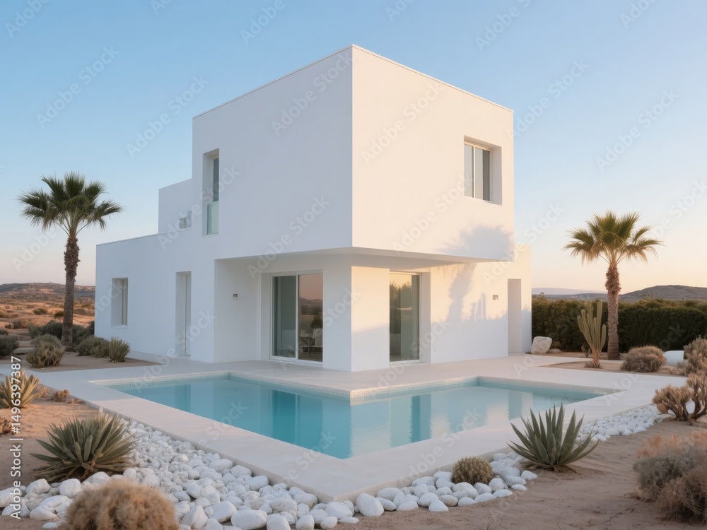 Fototapeta premium Modern White House with Swimming Pool in Desert Landscape