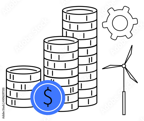 Stacks of coins, blue dollar sign, wind turbine, and gear symbolizing investment, sustainability, innovation, clean energy, economy technology development. Ideal for energy funding eco-friendly