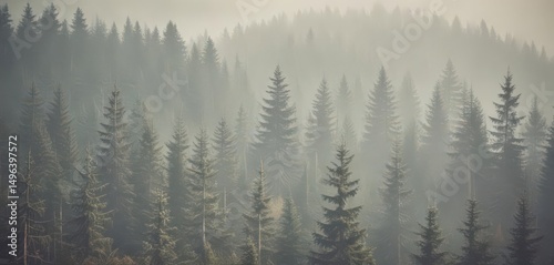 Retro-styled photo of a foggy fir forest scene, vintage filter applied,  texture,  hipster