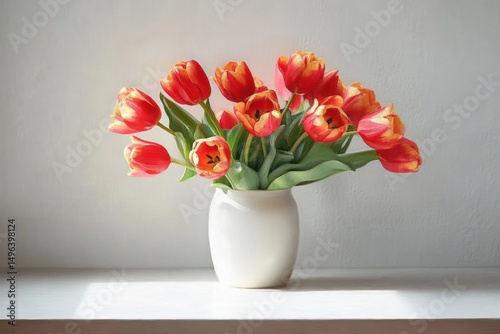 Wallpaper Mural Bright orange tulip bouquet arranged in a simple white vase on a sunlit white surface against a plain light grey background, conveying freshness and elegance Torontodigital.ca