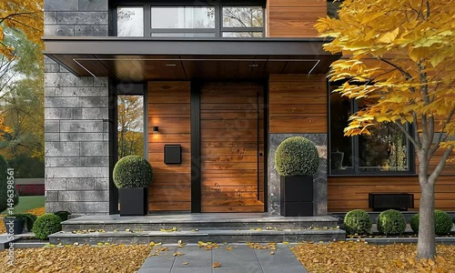 Contemporary Home Entrance Featuring Wooden Door and Stone Walls Amid Autumn Foliage

