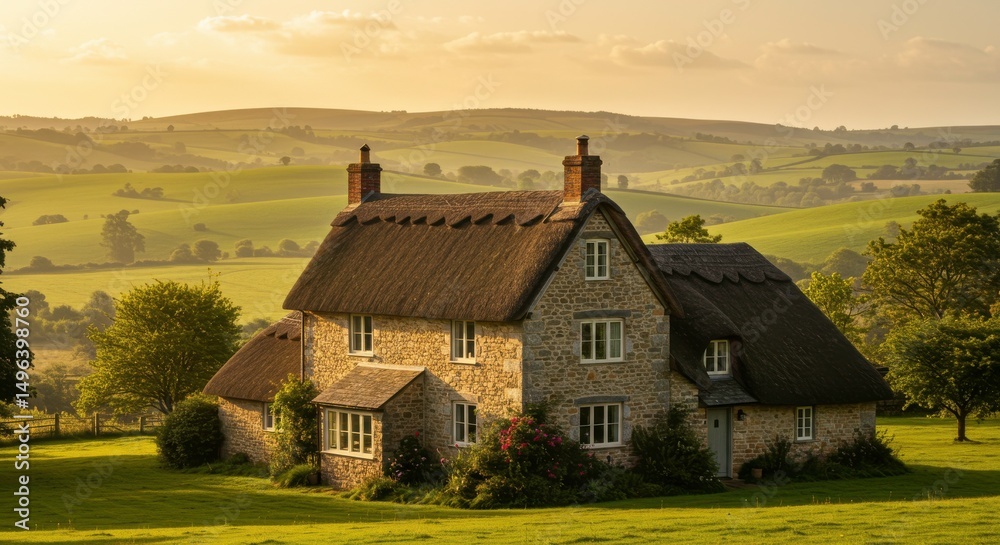 Obraz premium Charming Thatched Cottage in the Countryside: Nestled amid rolling hills and lush greenery, a quaint thatched cottage exudes timeless charm, illuminated by the warm light of daybreak.