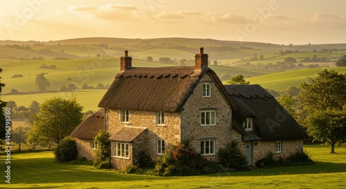 Charming Thatched Cottage in the Countryside: Nestled amid rolling hills and lush greenery, a quaint thatched cottage exudes timeless charm, illuminated by the warm light of daybreak.
