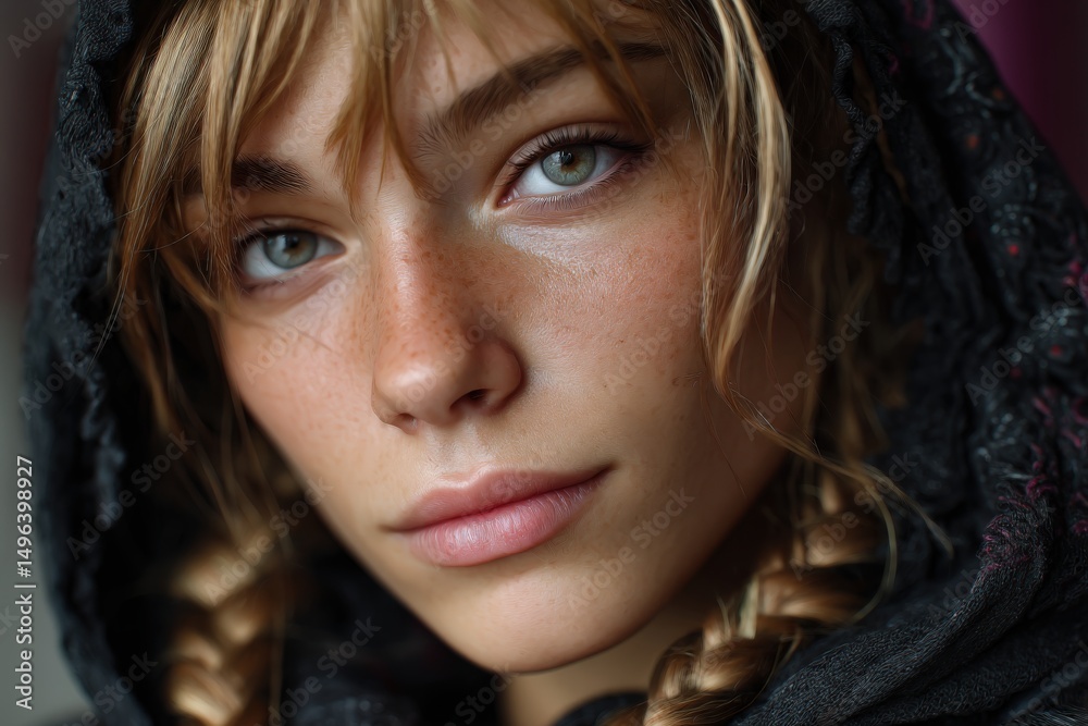 Blonde woman in hood with braids looking intensely at camera Blonde woman in hood with braids looking intensely at camera