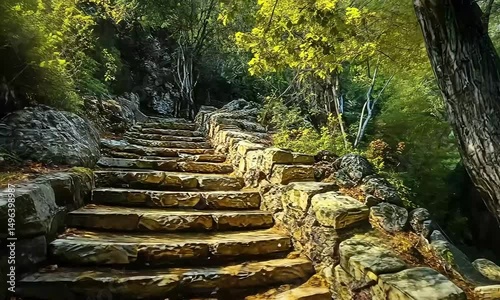 Weathered Stone Steps Leading Through a Serene Forest Path