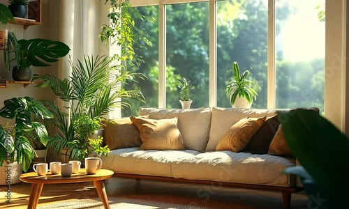 Bright Sunlit Living Room with Cozy Sofa, Greenery, and Coffee Cups on a Side Table

