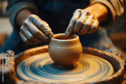 close-up of hands shaping a small clay pot on a spinning pottery wheel with wet clay under warm lighting