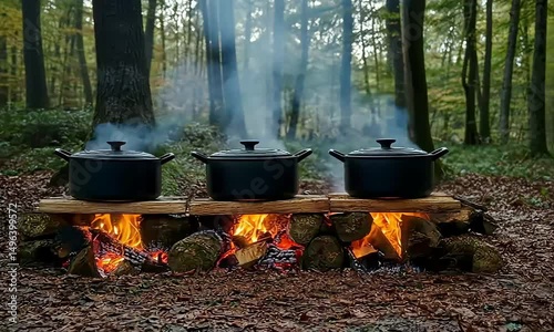 Three Large Pots Simmering Over an Open Flame in the Heart of the Woods
