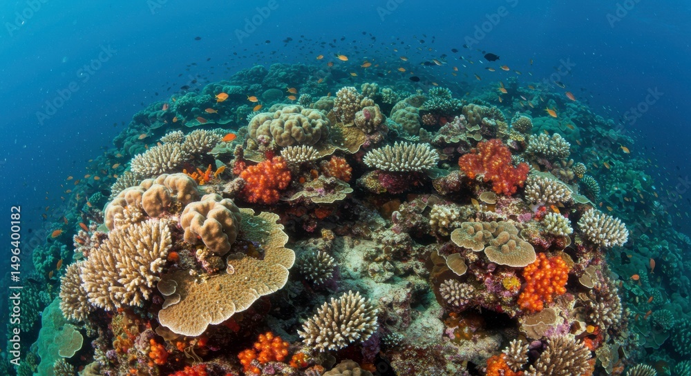 Fototapeta premium Underwater Reef Landscape: An eye-level view of a vibrant, thriving coral reef ecosystem teems with colorful coral formations and the natural marine life.