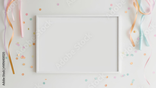 Celebration Frame with Confetti and Streamers on White Background for Text or Image
