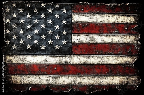Worn and distressed American flag with faded red and white stripes and 50 white stars on a blue field, evoking a vintage, rugged, and patriotic atmosphere