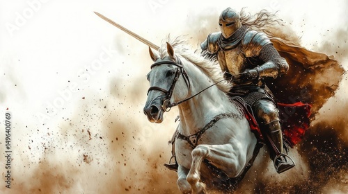 Armored knight charging forward on a galloping white horse through a dusty battlefield with a lance in hand and a flowing cape