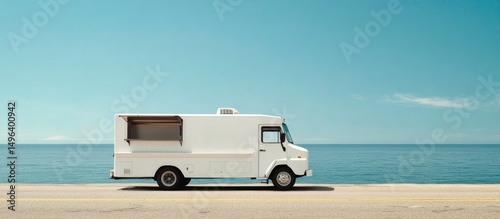 Photo of a white food truck on the side road near the ocean, a mockup template for advertising and social media post