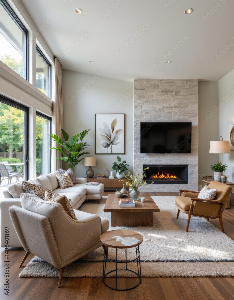 Fototapeta premium Modern living room featuring cozy fireplace, stylish furniture, and natural light