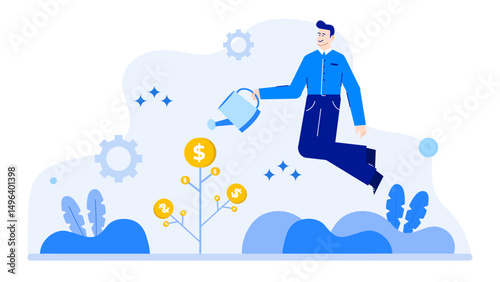 Man watering money tree with watering can. Concept of investment, growth, financial success. Suitable for financial, business, investment concepts.