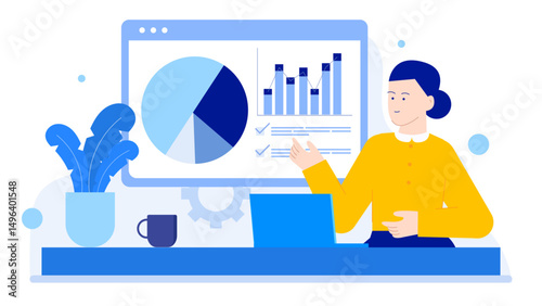 Person presenting data with pie chart and bar graph, suitable for educational presentations, business reports, marketing materials, financial analysis presentations.