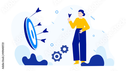 Person aiming at a target with an arrow, perfect for illustrating focus, goalsetting, determination, achievement, and success concepts.