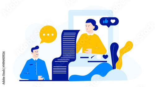 Man looks at woman on a screen. Suitable for technology, relationships, online dating, video calls, virtual meetings, social media concepts.