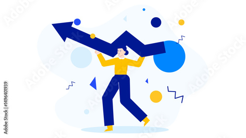 Woman successfully elevating a blue arrow as a symbol of growth, progress, success. Suitable for business, motivation, achievement concepts.