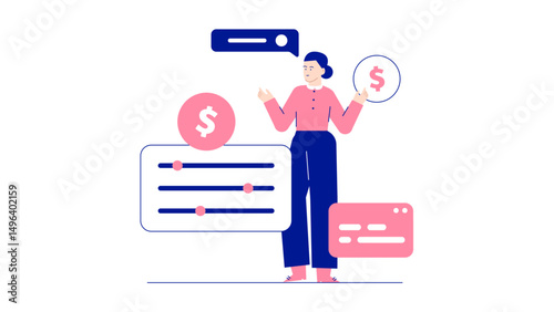 Woman holding dollar signs and a slider, perfect for financial, business, investment concepts, presentations, and web graphics. Suitable for advertising.