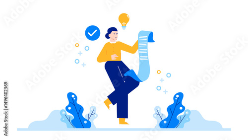 Creative woman with list and lightbulb. Ideas, planning, organization, inspiration, productivity, brainstorming, goal setting, strategy, concept development concepts.