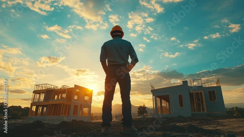 Construction worker in a hard hat standing with his back to the viewer, overlooking two houses under construction at sunset or sunrise.