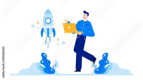 Man with laptop looks at rocket, contemplating space exploration or technology advancements. Suitable for technology, innovation, space exploration concepts.