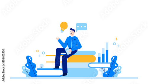 Man sitting on books with a lightbulb above his head, suitable for educational concepts, creativity, inspiration, innovation, and motivation themes.