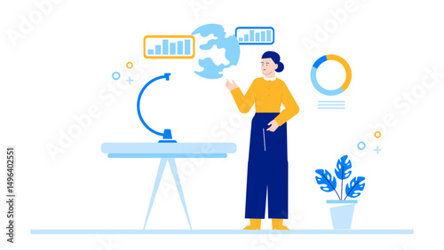 Businesswoman posing with desk, plant, and financial charts. Suitable for business presentations, office related designs, and financial content creation.