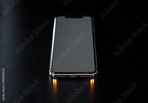 Modern smartphone lying face up on a reflective black surface with illuminated charging indicator lights emitting a warm glow