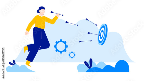 Woman in action throwing arrows at a target adorned with blue gears, ideal for illustrating determination, precision, technology, and success.
