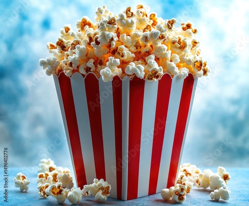Close-up of overflowing striped red and white container filled with freshly popped popcorn scattered on a blue surface against a soft cloudy background