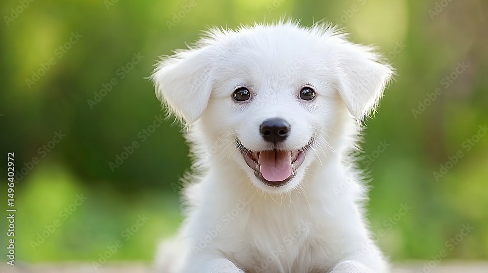 Fototapeta premium Happy White Puppy Smiling Outdoors