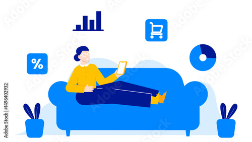 Woman on blue couch with phone, perfect for lifestyle blogs, social media posts, and technology related articles showcasing modern communication.