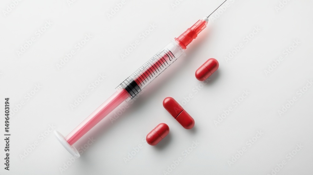 Fototapeta premium Red Pills and Syringe on White Background