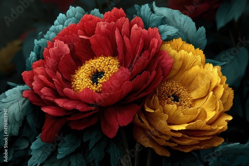 Closeup of vibrant red and yellow dahlia flowers with detailed petals