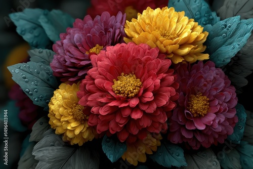 Top view of multicolored blooming flowers with dark green leaves