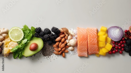 Fototapeta Naklejka Na Ścianę i Meble -  Healthy nutritious food selection with fresh vegetables fruits grains nuts fish and spices arranged in a row