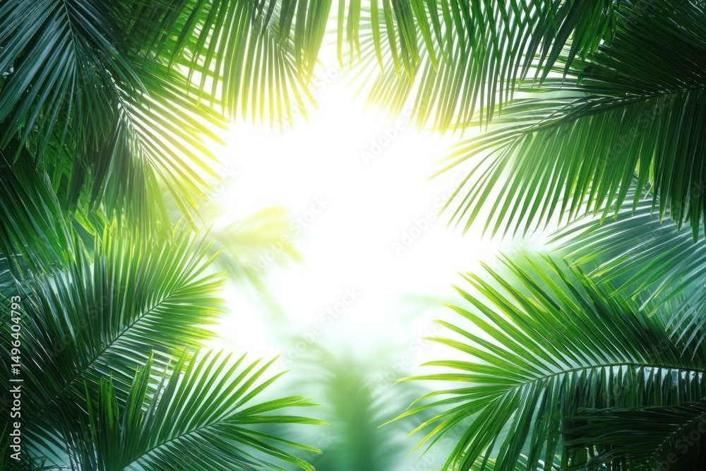 Fototapeta premium Bright sunlight shining through lush green palm leaves creating a vibrant tropical atmosphere