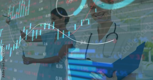Medical team inspecting test tubes reviewing folder, financial charts fading in pulsing numbers