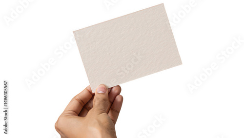 Hand Holding Blank Beige Card on Transparent Background